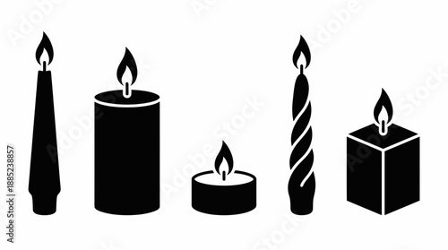 Vector black silhouettes of burning candles in various shapes: taper, pillar, tea light, twisted and cube, isolated, concept for holiday decoration, spa relaxation and religious ceremony
