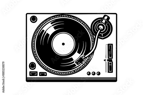 Record player top view showing platter, tonearm, and controls simplified