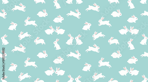 Cute seamless vector pattern featuring small white rabbits in various actions on a pastel blue background, concept for spring celebration, children's apparel design and Easter holiday wrapping