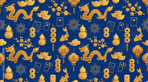 Seamless golden Chinese New Year pattern with dragons, ingots, lanterns and blossoms on a deep blue background, concept for holiday greetings, textile design and festive decoration