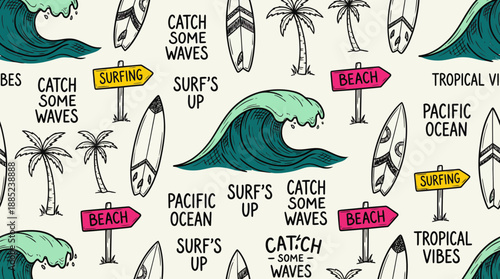Seamless pattern of colorful hand drawn surfing elements including waves, surfboards, palm trees and beach signs, concept for summer apparel, textile printing and holiday promotions