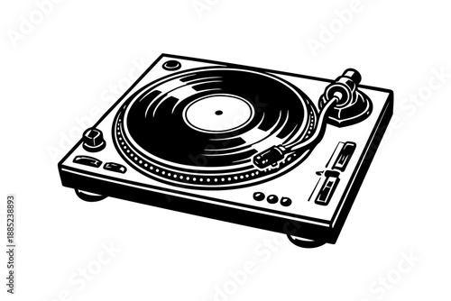 Turntable platter with vinyl record spinning, simplified tonearm geometry