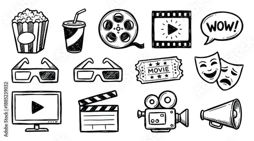 Hand-drawn vector doodle set of cinema and movie icons including popcorn, reel, glasses and clapboard, concept for film production, streaming services and theater promotions