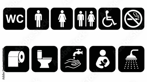 Set of universal vector icons for public facilities: WC, gender, disability, no smoking, washing and nursing symbols, concept for facility management, public signage and safety communication