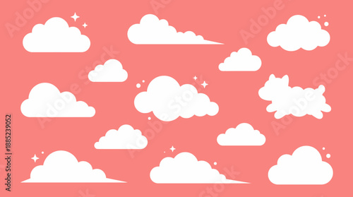 Set of whimsical white cartoon clouds with stars and a running dog silhouette against a vibrant coral background, concept for graphic design, web backgrounds and kids fashion