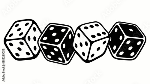 Black and white vector illustration showing four rolling dice with various numbers of pips on a white background, concept for gambling applications, casino marketing and game design elements