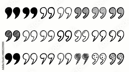 Diverse collection of hand-drawn doodle quotation marks in black and white styles isolated on a clean background, concept for graphic design assets, typography projects and testimonial layouts