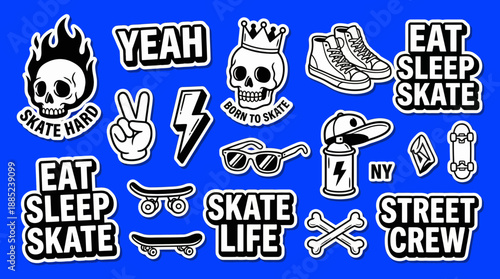 Black and white skateboard and street life doodle stickers collection featuring skulls, boards and text on bright blue background, concept for t-shirt printing, apparel design and wall decoration