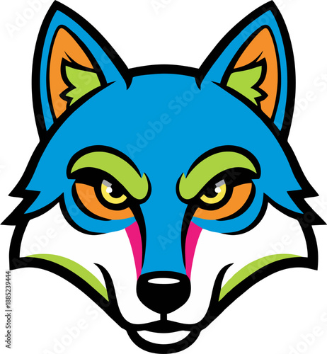 Fierce blue wolf head with orange ears green eyes multicolored fur bold lines flat pop art vector mascot