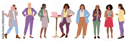 Set of diverse professional women in modern business attire, standing, communicating, and working with devices. Flat vector illustration isolated on transparent background.