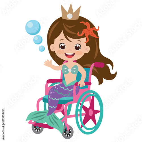 Cute mermaid girl sitting in wheel chair vector cartoon illustration.
Sea princess vector cartoon illustration