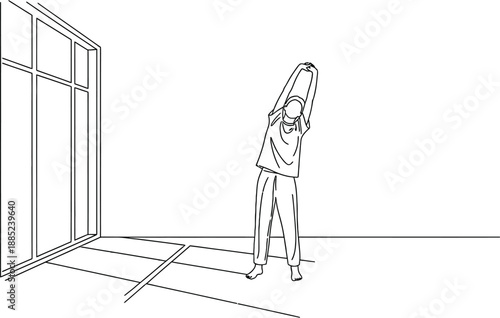 Minimalist line art illustration depicting a person stretching their arms overhead while standing barefoot in a sunlit room near a large window or glass door.