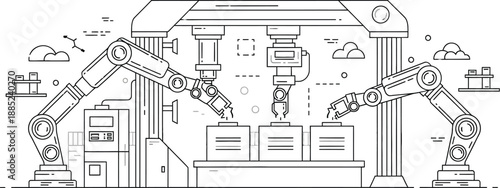 Line art illustration depicting automated manufacturing assembly line operations using industrial robotic arms in a modern factory production setting.