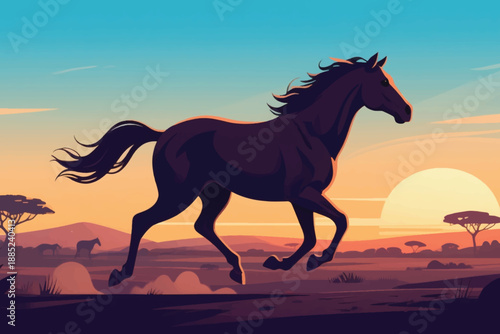 Running horse in savanna at sunset with glowing sun, pink orange sky, trees, and distant grazing horse.