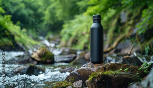 Matte black reusable water bottle on a mossy rock in a lush forest stream