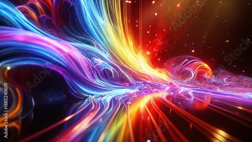 Close up abstract video of rainbow light beams flowing on a dark surface with neon glow suggesting futuristic technology energy motion and digital atmosphere