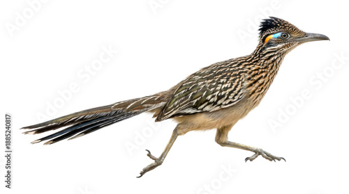 Greater roadrunner bird with mottled brown plumage walks in a full-length side profile, showcasing its long tail, crest, and vibrant blue and orange eye patch © Vladislav