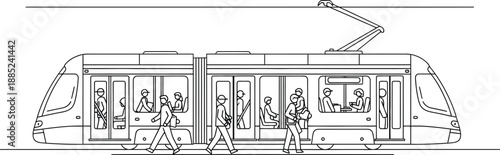 Simple black and white line art illustration depicting passengers boarding and exiting a modern articulated tram with an overhead pantograph collector system.