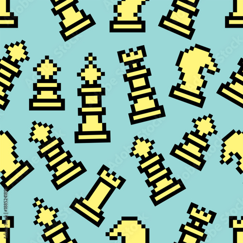 Seamless pattern with chess piece pixel art
