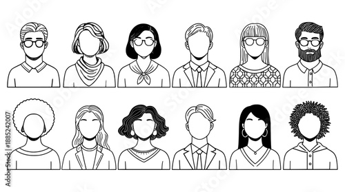 Front view avatar illustrations showing diverse people and identities in clean monochrome line art