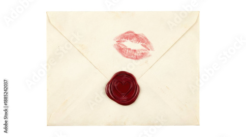 Old yellowed paper love letter envelope is sealed with a red wax heart stamp and marked with a romantic lipstick kiss print, conveying a sentimental and vintage message