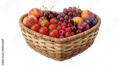 Heart-shaped wicker basket overflows with a fresh assortment of summer berries and fruits like strawberries, peaches, grapes, cherries, raspberries, and plums