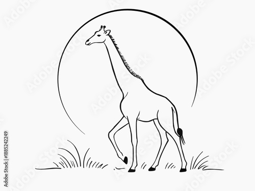 line art illustration of a graceful giraffe roaming in the savanna, with flowing, continuous black lines on a clean white background for children's coloring book, Generative AI