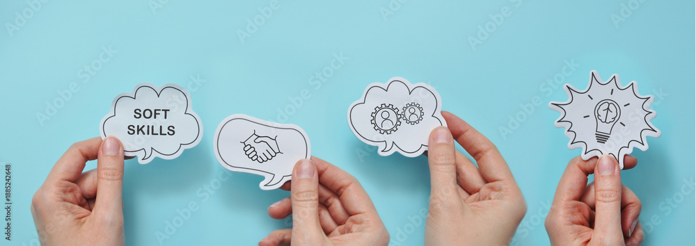 Naklejka premium development of soft skills in human life: communication, teamwork, creativity, and time management
