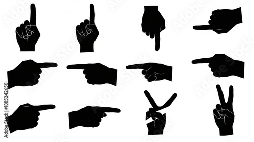 Collection of Hand Gestures Silhouettes Pointing and Number One.