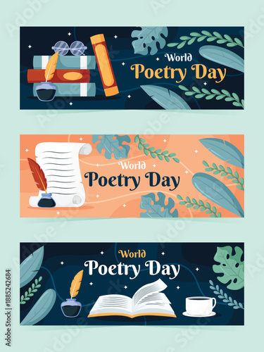 World poetry day celebration with books scrolls and writing tools illustrations