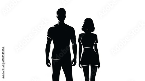 Silhouette Couple Standing Together Isolated on White Background.