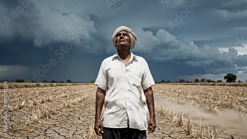 Indian Farmer Looks Up at Impending Storm in Drought-Stricken Field