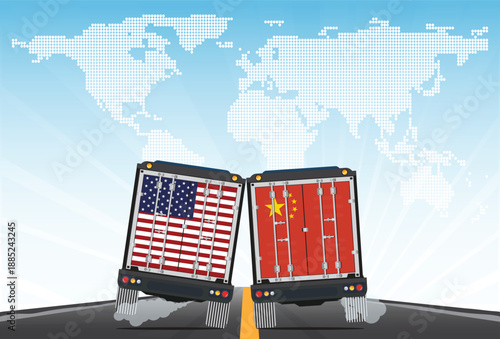 Vector illustration of delivery trucks rear view with United States and China flags