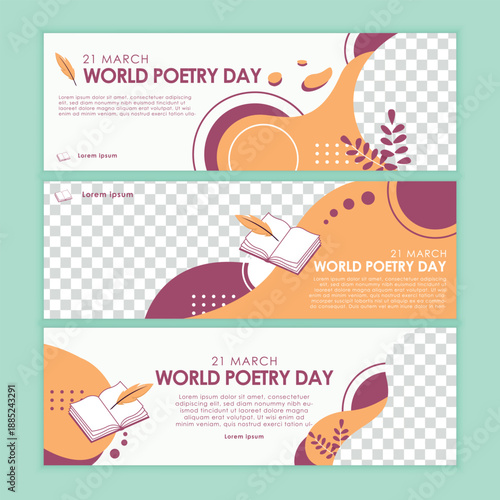 World poetry day celebration banners with books feathers and abstract designs