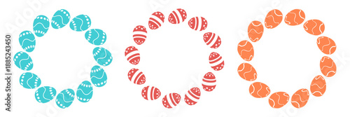 Set of colorful Easter egg wreaths in pastel tones. Decorative circular frames for spring holiday design, greeting cards, invitations, posters, banners and festive templates.