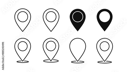Collection of eight different map pin icons illustrating location markers in outline and solid styles for navigation interface design elements