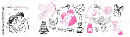 Hand drawn wedding doodle set. Vintage whimsical collection with bride, groom, cherub and romantic elements.