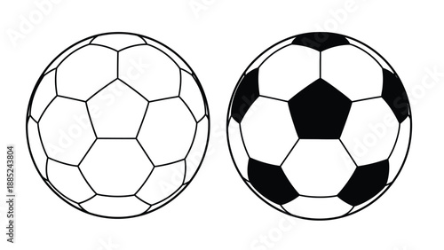Two classic soccer balls one detailed outline version and one traditional black and white panel design shown side by side for comparison