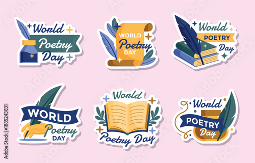 Illustrative stickers celebrating world poetry day with books quills and ink
