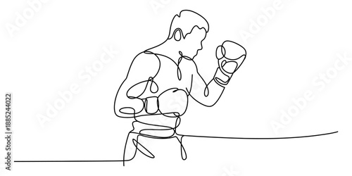 A single continuous line drawing depicting a boxer in a ready fighting stance