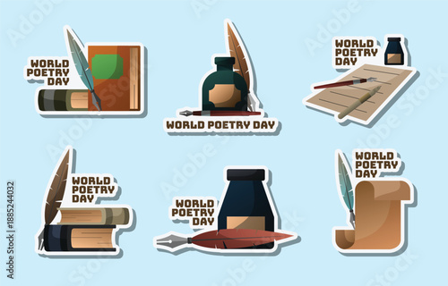 Illustrative collection of stickers celebrating world poetry day and writing tools