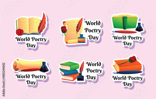 World poetry day illustrations with books scrolls quills and roses