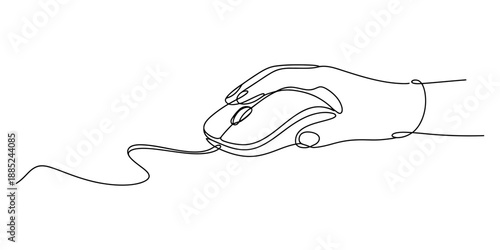Continuous line art drawing of a hand operating a computer mouse on a white background