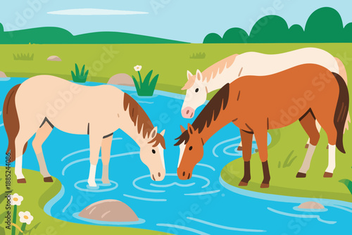 Three horses by a stream in grassy field with flowers, hills, and partly cloudy blue sky.