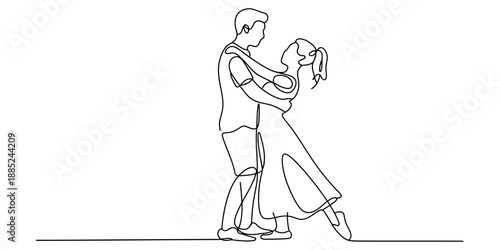 A beautiful continuous line drawing capturing a romantic couple dancing closely