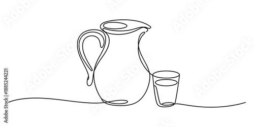 Continuous line art illustration of a pitcher and a drinking glass on a white background
