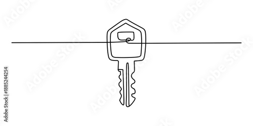 Continuous line art drawing of a house key representing security and access