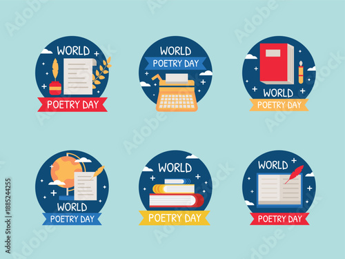 World poetry day themed circular badges with books pens and typewriters