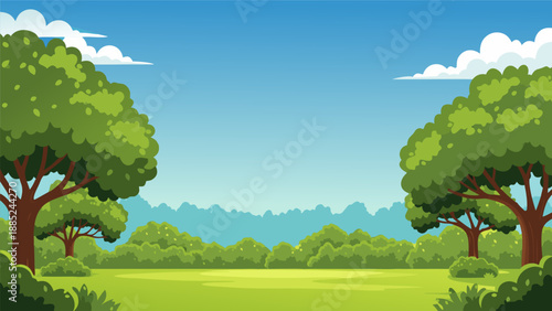 Vibrant green landscape vector illustration with lush trees and a clear blue sky