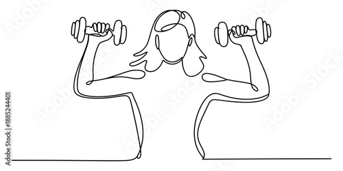 Continuous line art drawing of a woman performing a dumbbell exercise for fitness